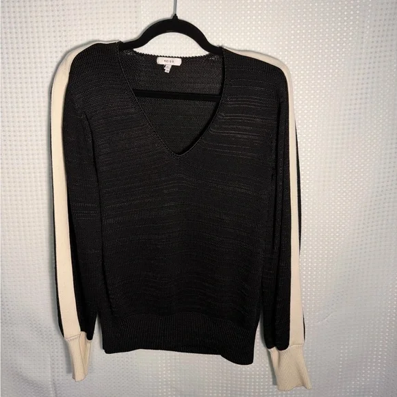 REISS Black V-Neck Knit Sweater w/ Contrast Stripe Sleeves | Size L | - Picture 6 of 8